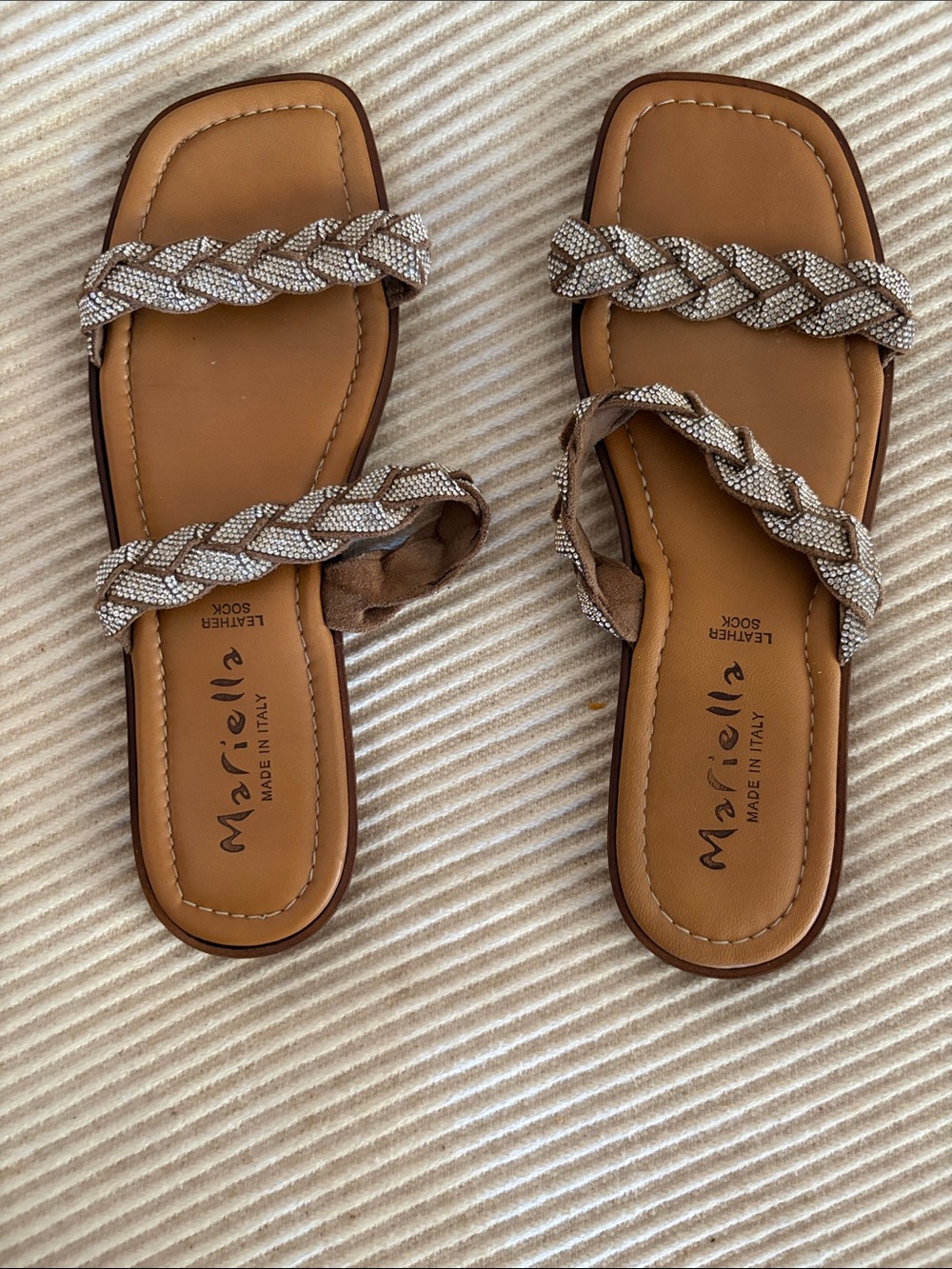 Ariella Tan Slide Sandals with Braided Metallic Straps